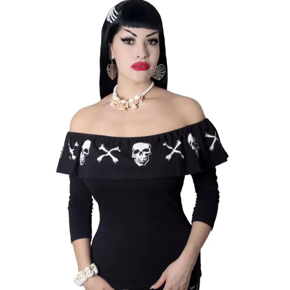 Black & White Skull n Crossbones Striped Ruffle Top S-M-L-XL-2XL-3XL NWT - Picture 1 of 5